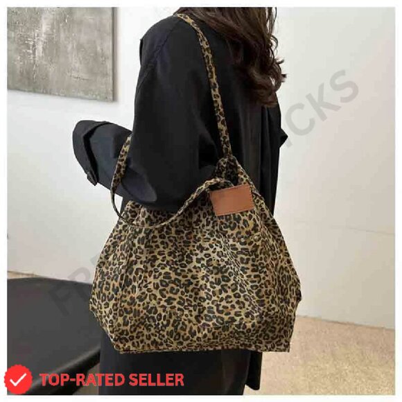 Leopard Print Canvas Tote Bag Large Capacity Crossbody Minimalist Chic - Picture 4 of 8